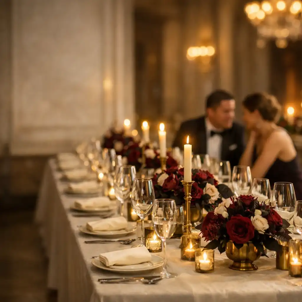 Linen terítővel, burgundy virágokkal és üvegárukkal terített elegáns privát gálaasztal