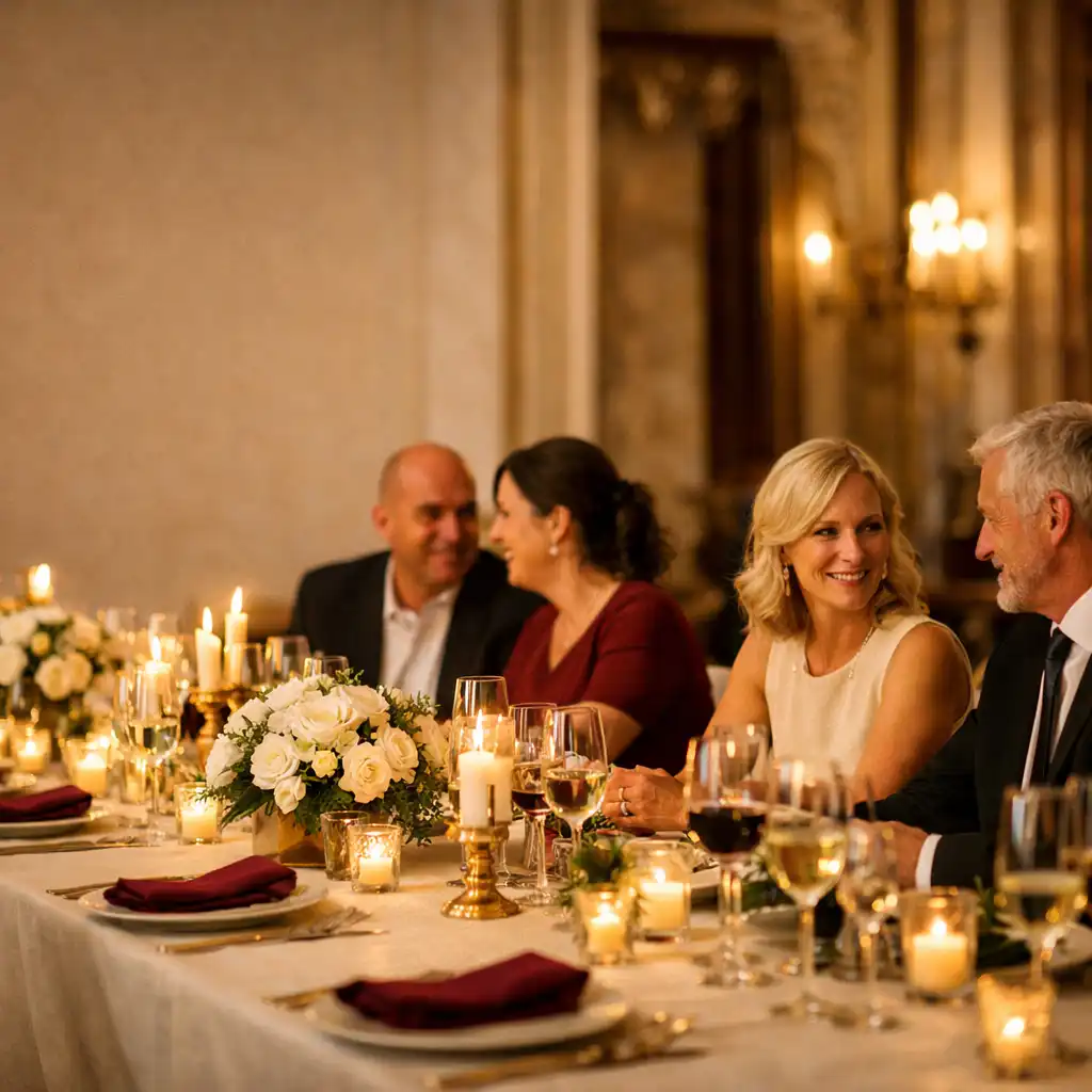 Elegáns vállalati évforduló vendégei beszélgetnek egy gondosan terített gálaasztal mellett