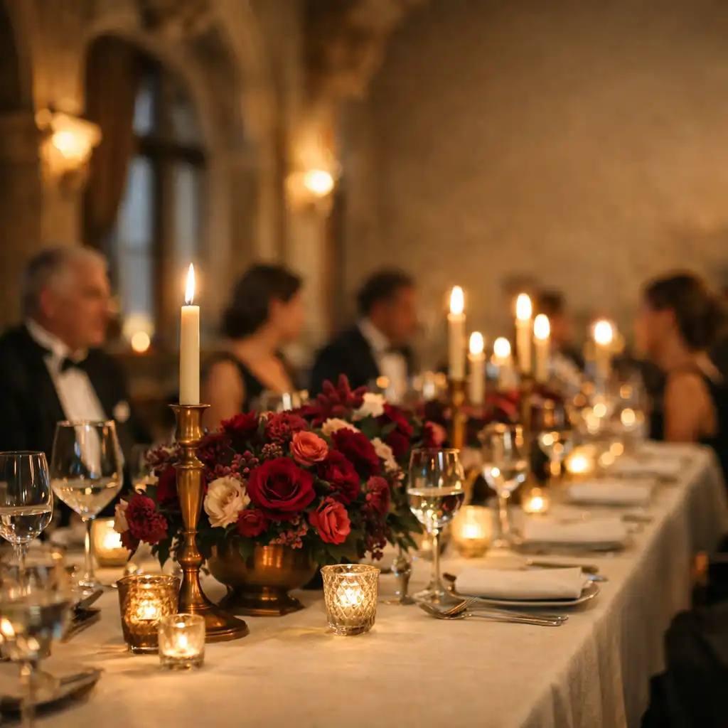 Ivory vászonnal terített elegáns gálaasztal burgundi virágdíszekkel